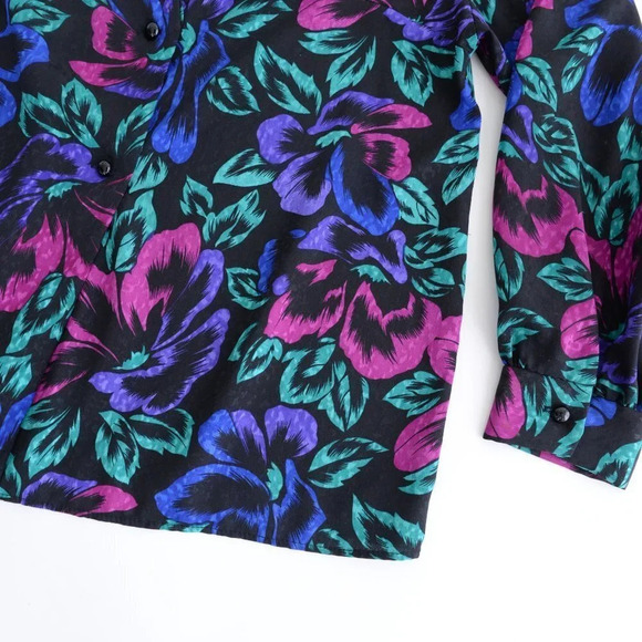 Vintage Lady Dame Plus Black with Floral Design Long Sleeve Button Up Blouse XL - Picture 7 of 14
